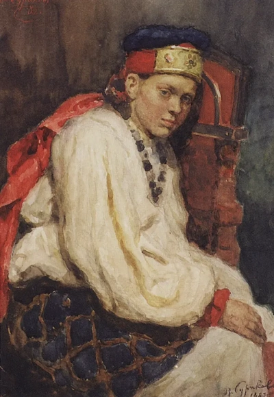 El modelo con traje ruso antiguo.