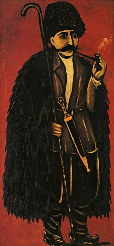 El pastor con capa sobre fondo rojo.