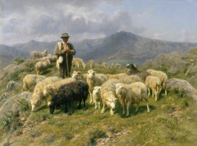 El pastor con el rebaño de ovejas en los pirineos