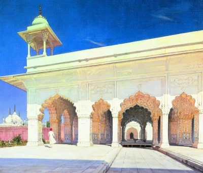 El salón del trono del Gran Mogol Shah Jahan y el Fuerte de Awrang-Zeb en Delhi