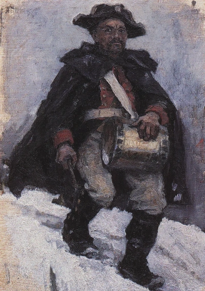 El soldado con el tambor. Un boceto para la pintura "Suvorov cruzando los Alpes"