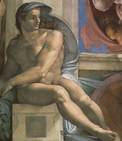 El techo de la Capilla Sixtina. Desnudo junto a la Separación de la Tierra y la Sibila Persa.