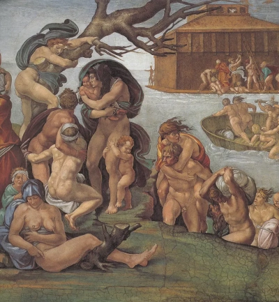 El techo de la Capilla Sixtina. Génesis. La historia de Noé. El diluvio. Vista del lado izquierdo.
