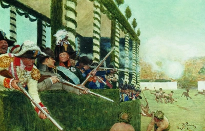 Emperador Alejandro I y Emperador Napoleón de caza. Ilustración para el libro de Nikolai Kutepov "La caza Gran Ducal