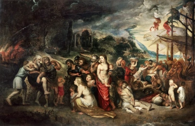 Eneas y los troyanos antes de partir al exilio.