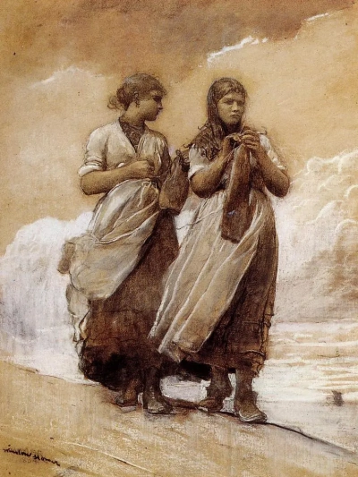 Fisherwomen en la orilla en Tynemouth.
