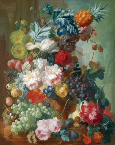 Frutas y flores en un jarrón de terracota