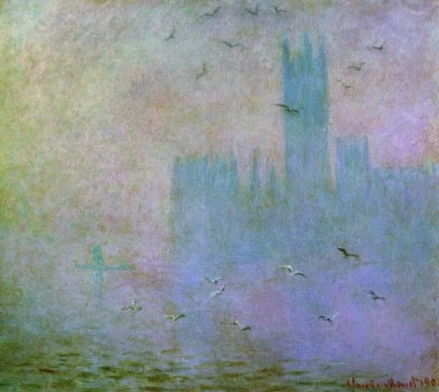 Gaviotas en el Río Támesis en Londres. Edificio del parlamento