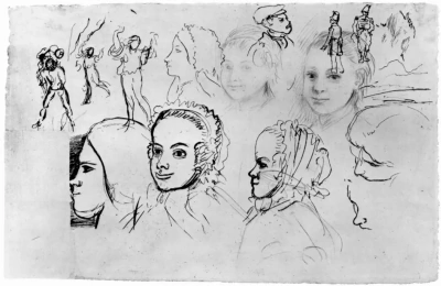 Hoja con bocetos de retratos y figuras