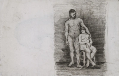 Hombre desnudo y mujer sentada