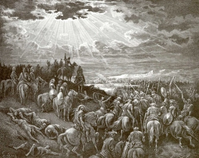 Ilustración de la Biblia: Josué detiene al sol sobre Gabaón