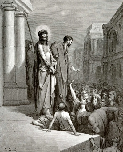 Ilustración de la Biblia: Pilato lleva a Jesús ante el pueblo.