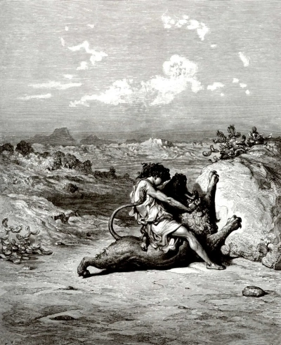 Ilustración de la Biblia: Sansón mata a un león.