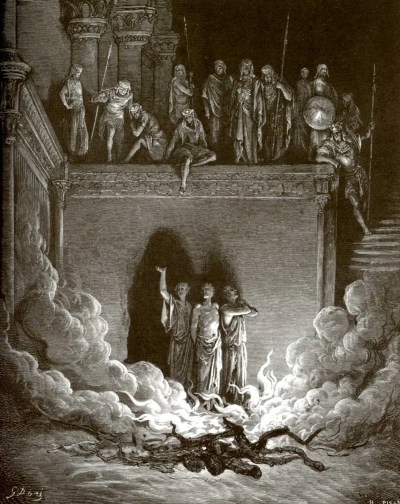 Ilustración de la Biblia: tres damas en un horno caliente