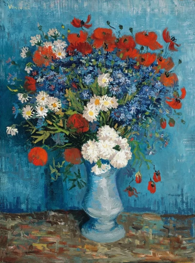 Jarrón con amapolas y acianos.