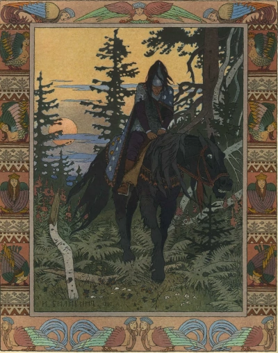 Jinete negro. Ilustración para el cuento de hadas "Vasilisa la Hermosa"