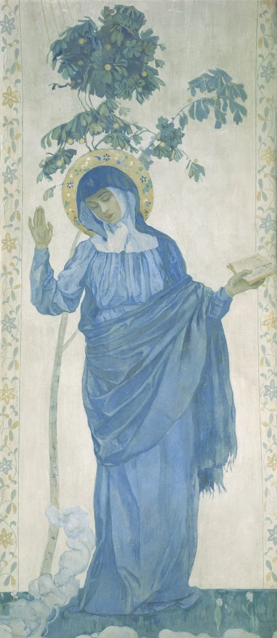 La Anunciación. Virgen María. Pintura de pila de la iglesia de la Intercesión del convento de Marfo-Mariinsky en Moscú.