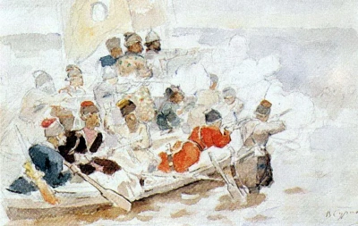 La Conquista de Siberia por Yermak. Un boceto de la parte izquierda de la composición.