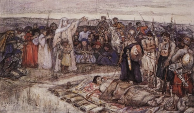 La Princesa Olga encuentra el cuerpo del Príncipe Igor. El boceto de la pintura inacabada.