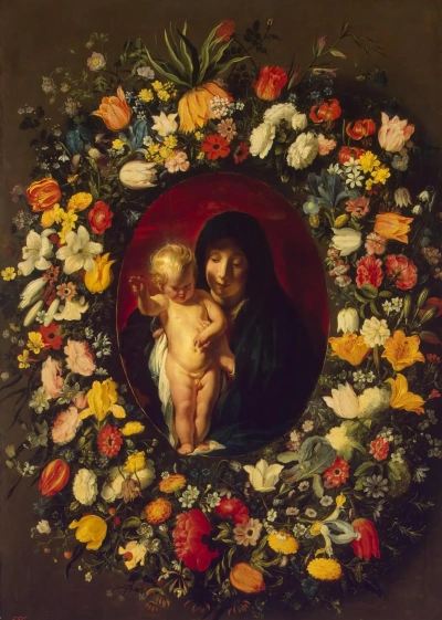 La Virgen y el Niño en un círculo de flores.