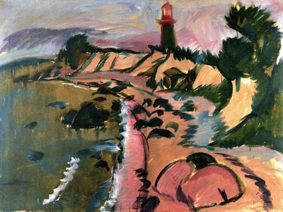 La costa de la isla Fehmarn con un faro.