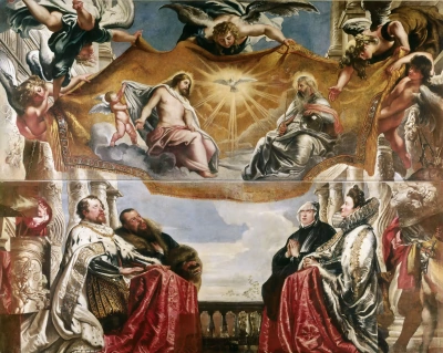La familia Gonzaga adorando a la Sagrada Trinidad