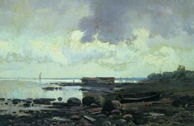 La orilla del lago Ladoga. Día nublado