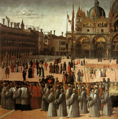 La procesión de las reliquias de la Santa Cruz en la Plaza de San Marcos. Fragmento III