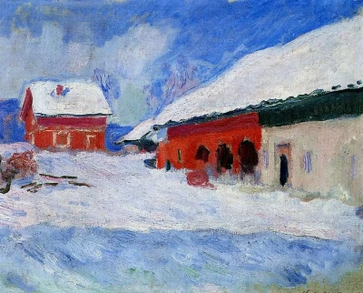 Las casas rojas de Bjørnegaard en la nieve. Noruega