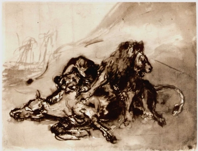 Leones atacando a un caballo
