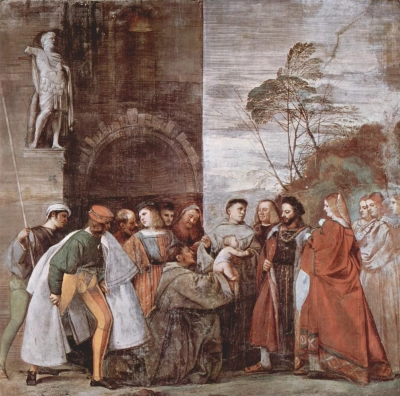 Los frescos sobre la historia de "Los maravillosos milagros de San Antonio de Padua". El milagro del recién nacido
