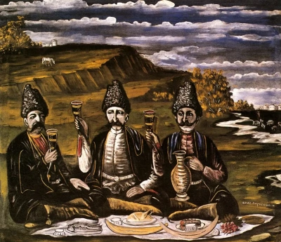 Los tres príncipes bebiendo en el jardín.