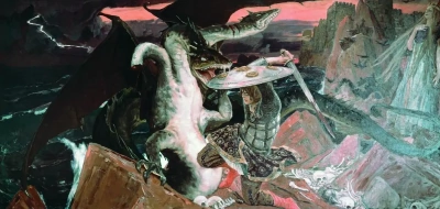 Lucha de Iván Tsarevich con una serpiente de tres cabezas.