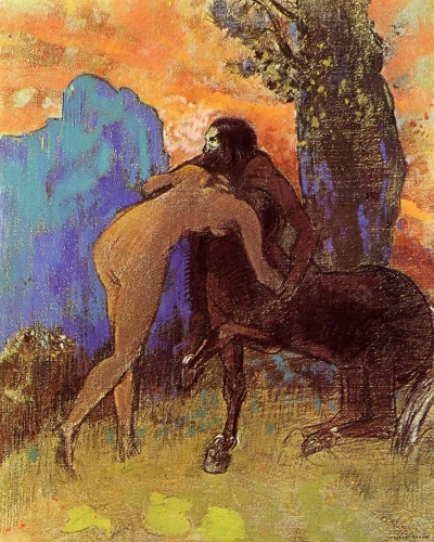 Lucha entre mujer y centauro.