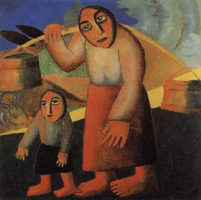 Mujer campesina con cubos y niño.