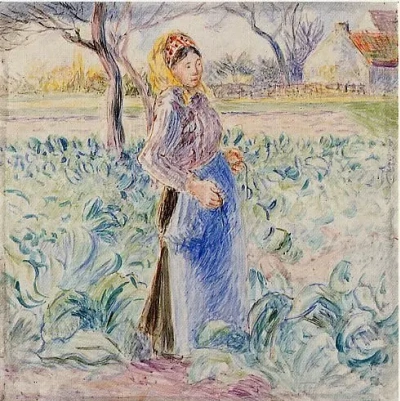 Mujer campesina en un lecho de repollo