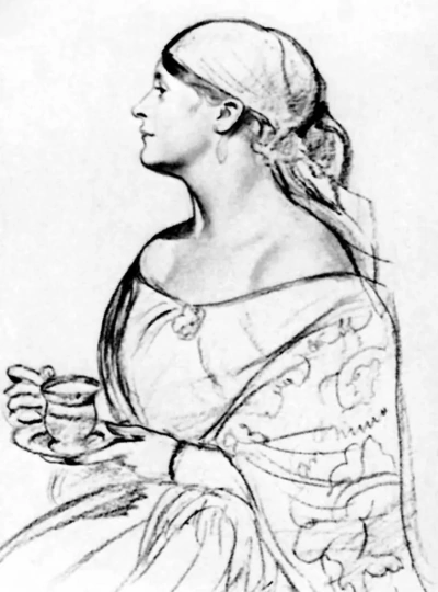 Mujer con una taza retrato de L. I. Shatalovoj