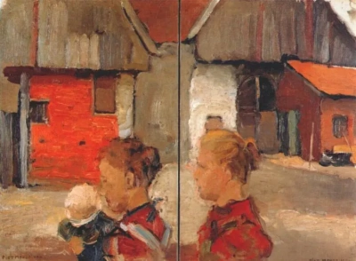 Mujeres y un niño frente a la granja.