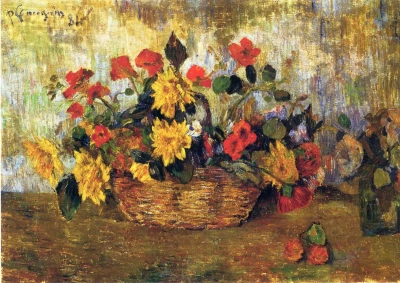 Nasturtiums and dahlias in a basket