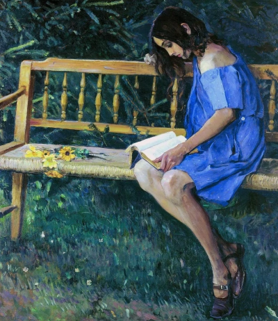 Natasha Nesterova en el banco del jardín