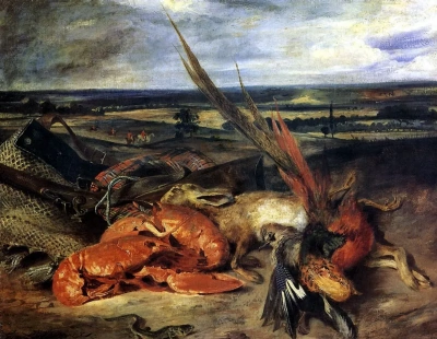 Naturaleza muerta con bogavante y trofeos de caza