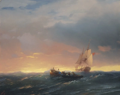 Naves sobre las olas al atardecer