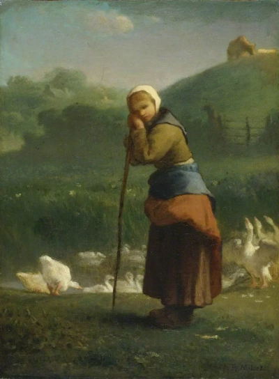 Niña arreando gansos