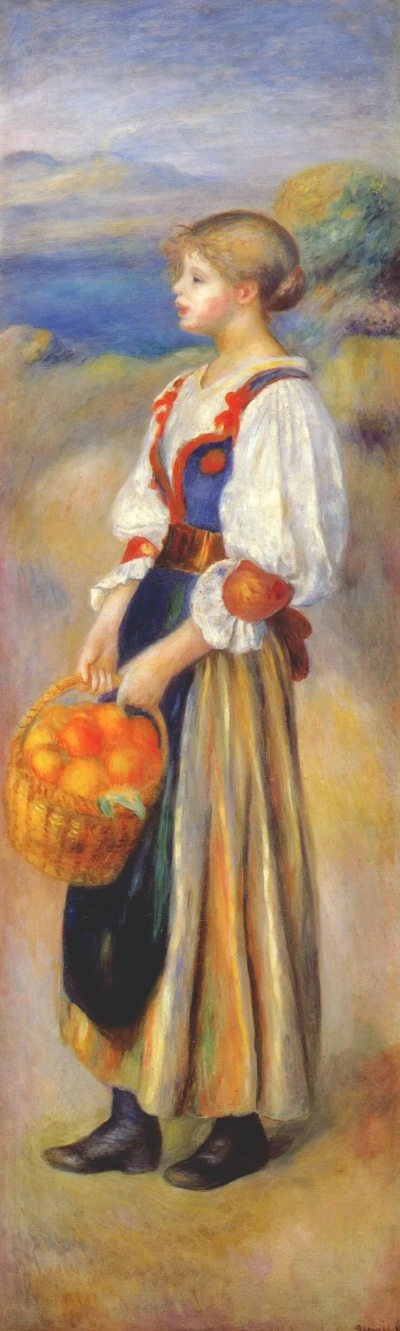 Niña con cesta de naranjas.