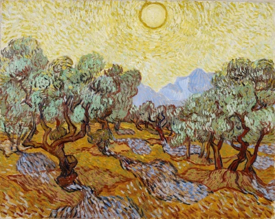 Olivares bajo cielo amarillo