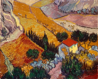 Paisaje con casa y labrador.