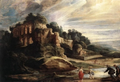 Paisaje con las ruinas del monte Palatino en Roma.