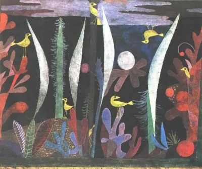 Paisaje con pájaros amarillos