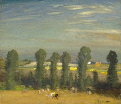 Paisaje con prado en pendiente y álamos.