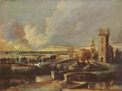 Paisaje con torre de murallas de castillo